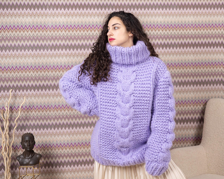 25-Strand Alpaca and Merino Wool Sweater, Hand Knitted Lavender Extra Chunky Fluffy Jumper T1549