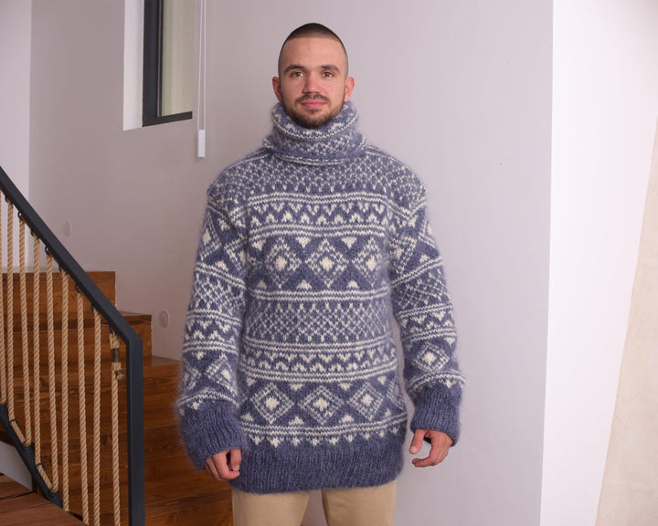Blue Mohair Sweater – Hand-Knitted Icelandic Nordic Fluffy Oversized Men’s Jumper T835M