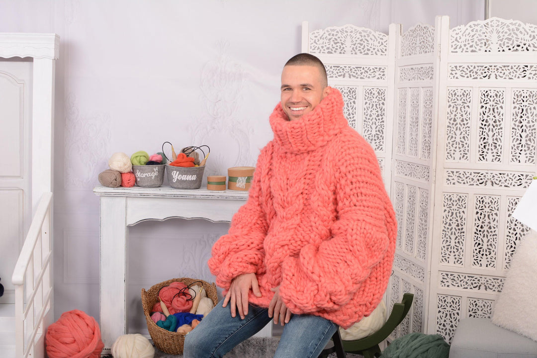 Coral Merino Wool Sweater – Hand-Knitted Cable Knit Oversized Couple Jumper T738M