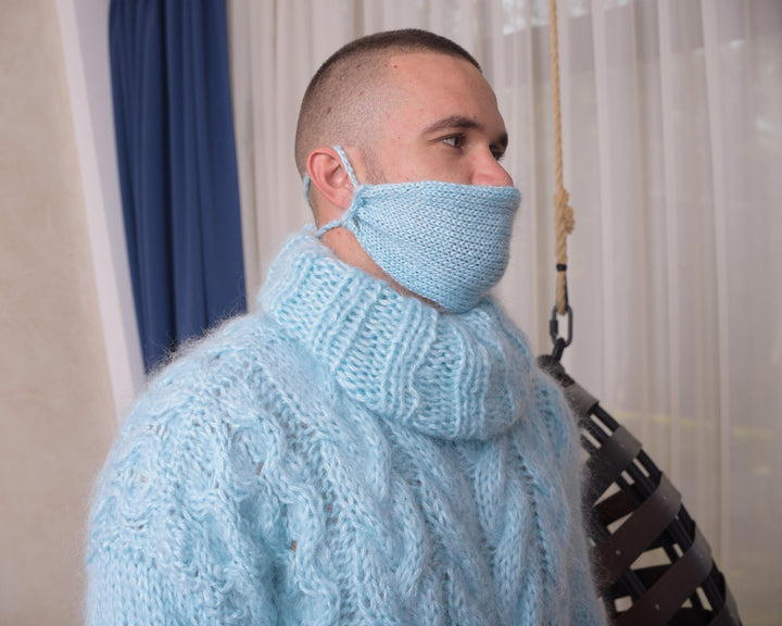 Fluffy Blue Mohair Face Mask – Hand-Knitted Cozy Winter Cover T886