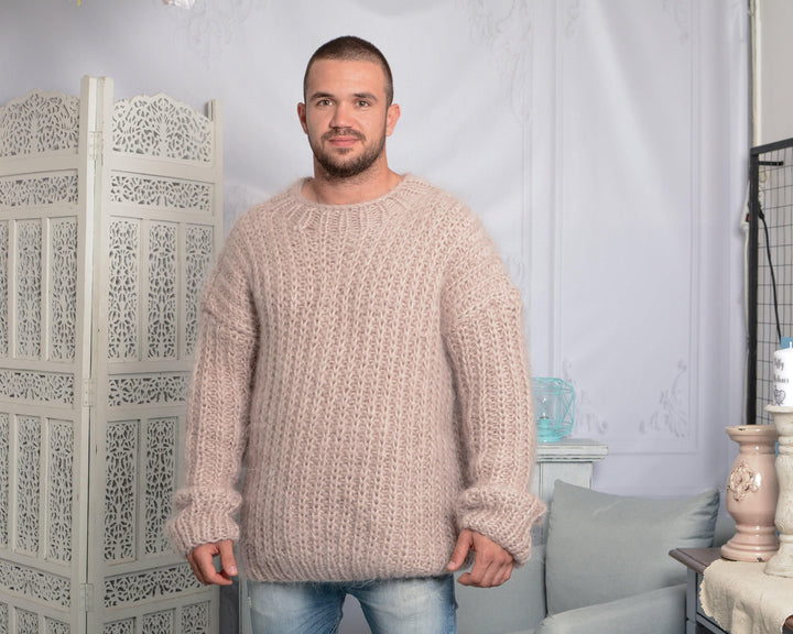 Hand-Knitted Beige Mohair Sweater – Thick Soft Ribbed Oversized Men’s Pullover T795M