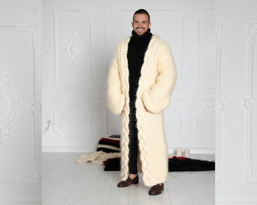 Long Cream Mohair Cardigan – Oversized Hand-Knitted Chunky Knit Jacket T639M