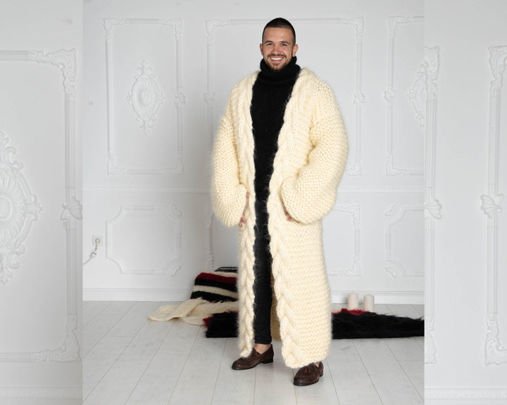Long Cream Mohair Cardigan – Oversized Hand-Knitted Chunky Knit Jacket T639M