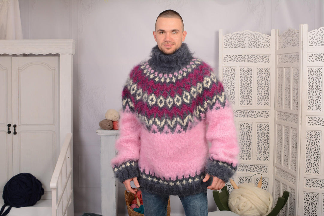 Pink Mohair Sweater – Hand-Knitted Icelandic Nordic Fluffy Oversized Jumper T731M