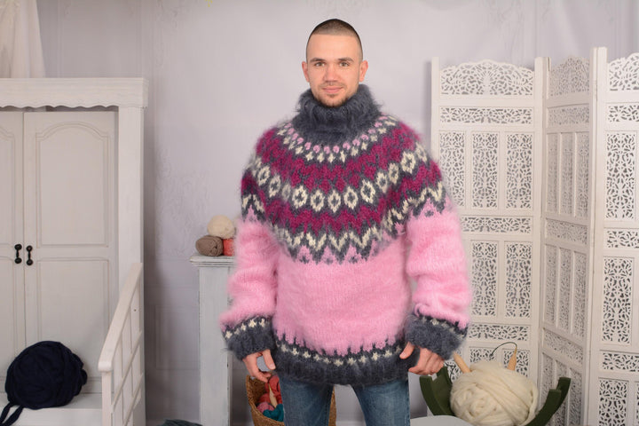 Pink Mohair Sweater – Hand-Knitted Icelandic Nordic Fluffy Oversized Jumper T731M