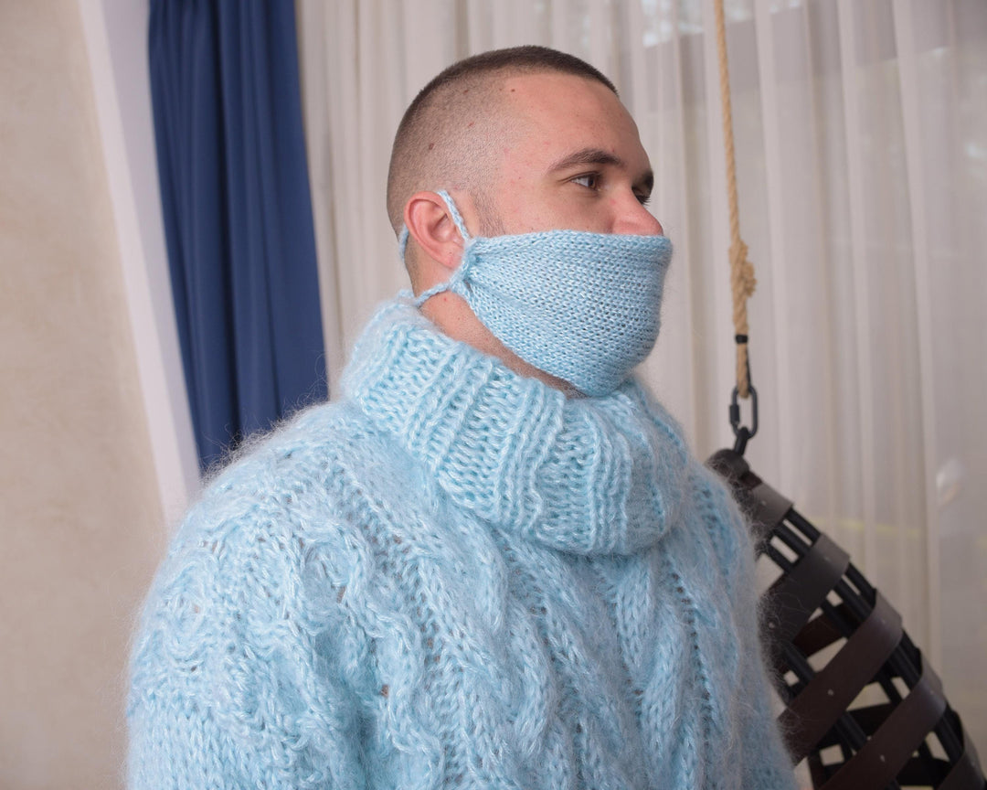 Fluffy Blue Mohair Face Mask – Hand-Knitted Cozy Winter Cover T886