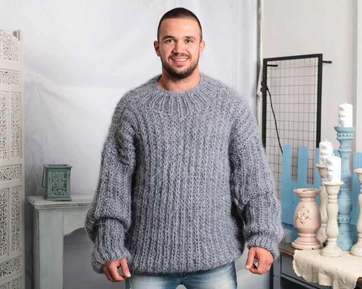 Hand-Knitted Gray Mohair Sweater – Fluffy Ribbed Fisherman Pullover T794M