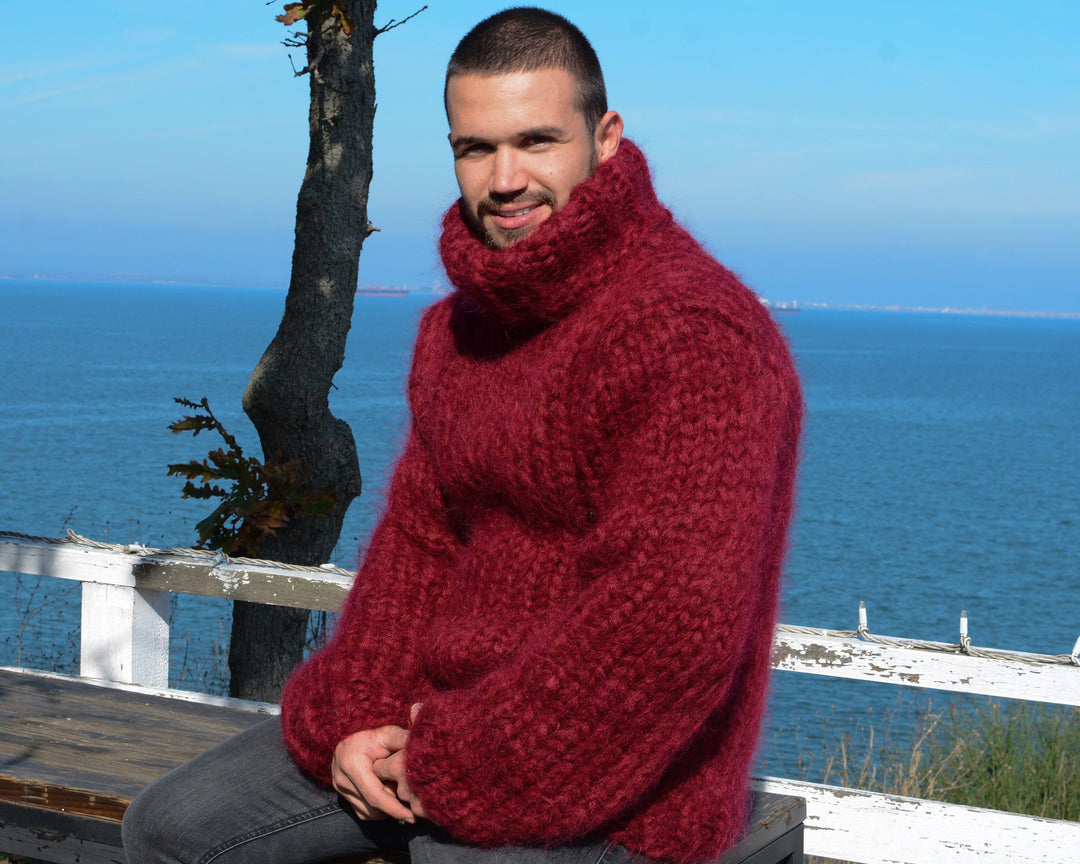 12-Strand Turtleneck Mohair Sweater – Chunky Hand-Knitted Red Fluffy Unisex Pullover T672M