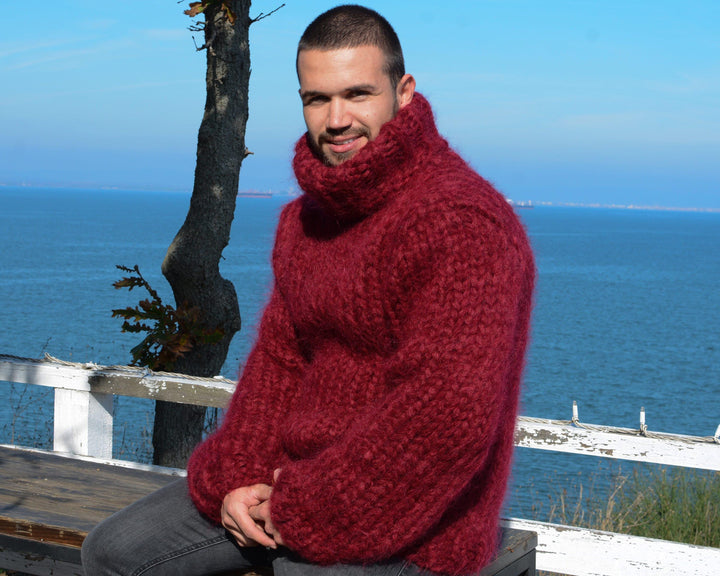 12-Strand Turtleneck Mohair Sweater – Chunky Hand-Knitted Red Fluffy Unisex Pullover T672M