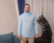 Blue 1-Strand Mohair Open-Knit Turtleneck Sweater T829M