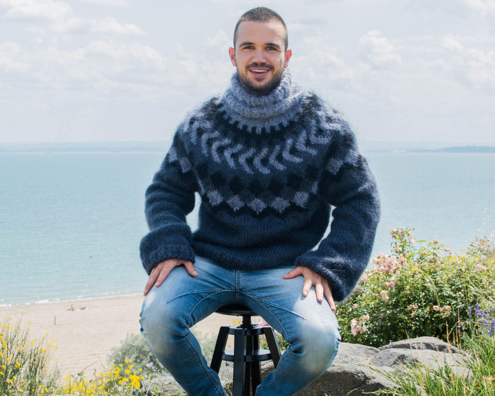 Nordic Knit Mohair Sweater – Hand-Knitted Icelandic Fair Isle Turtleneck Jumper T800M