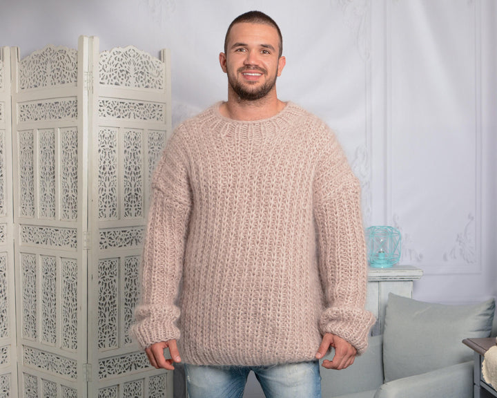 Hand-Knitted Beige Mohair Sweater – Thick Soft Ribbed Oversized Men’s Pullover T795M