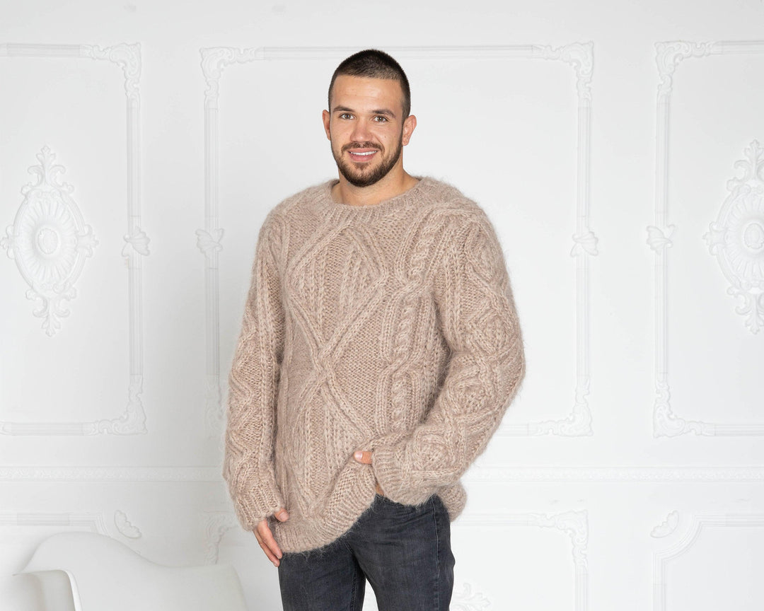 Men’s Cable Knit Mohair Sweater – Hand-Knitted Chunky Oversized Crewneck Jumper T644M