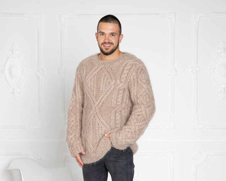 Men’s Cable Knit Mohair Sweater – Hand-Knitted Chunky Oversized Crewneck Jumper T644M