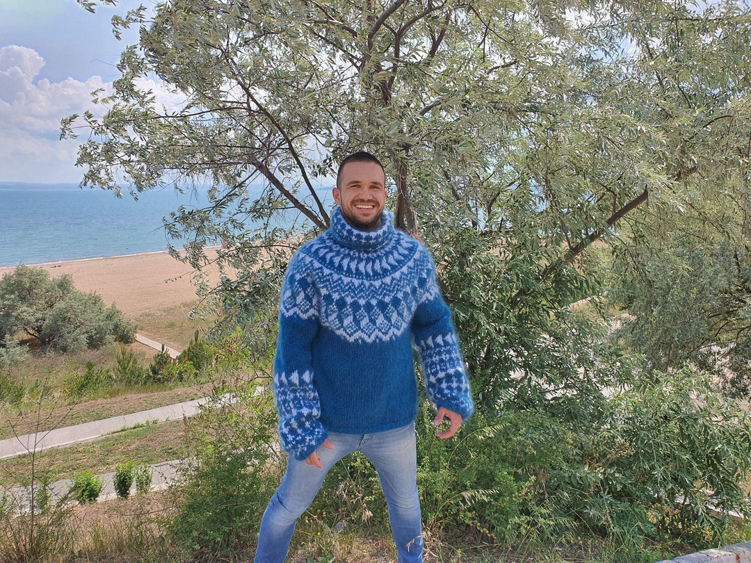 Nordic Knit Mohair Sweater – Hand-Knitted Icelandic Fair Isle Turtleneck Pullover T799