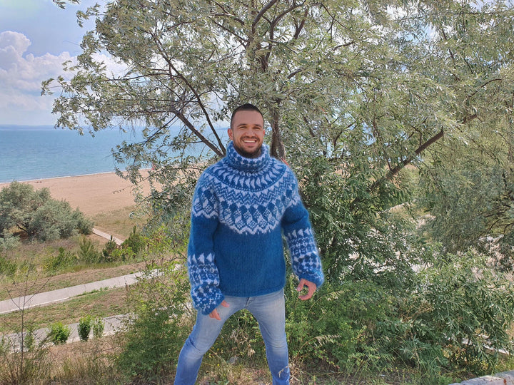 Nordic Knit Mohair Sweater – Hand-Knitted Icelandic Fair Isle Turtleneck Pullover T799