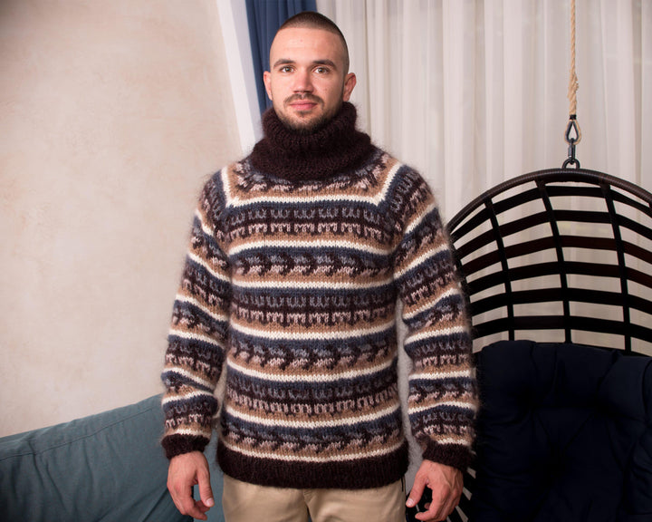 Brown Icelandic Jumper – Hand-Knitted Scandinavian Style Sweater T839M