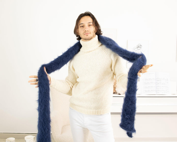 Hand-Knitted Navy Blue Mohair Scarf – Soft Fluffy Long Shawl T1343