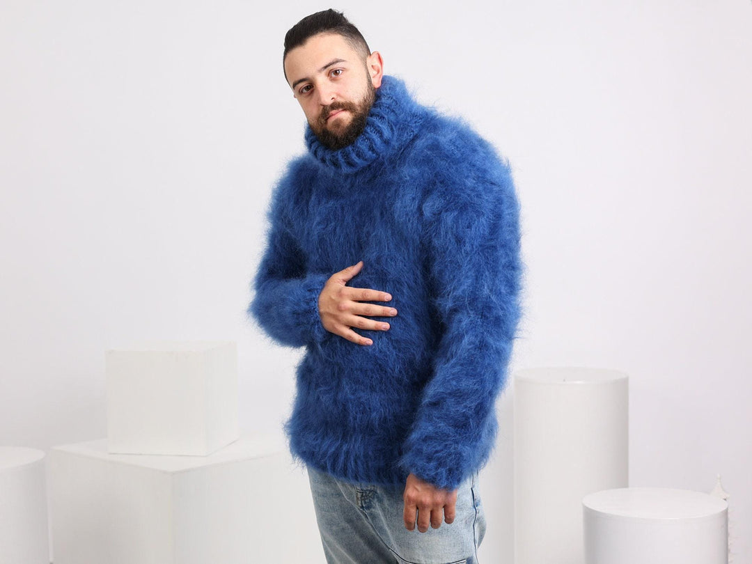 Blue Mohair Sweater – Chunky Hand-Knitted Turtleneck Jumper T1662