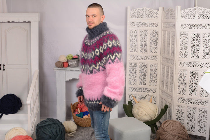 Pink Mohair Sweater – Hand-Knitted Icelandic Nordic Fluffy Oversized Jumper T731M