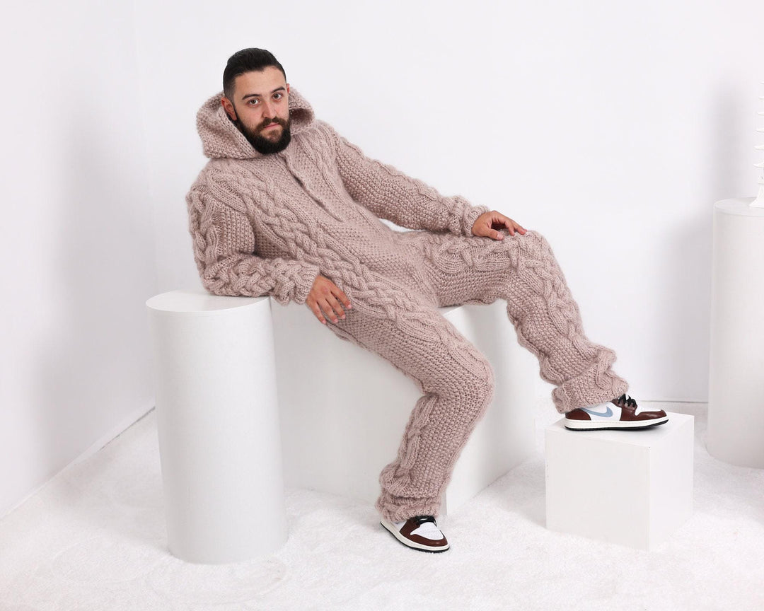 Fluffy Beige Mohair Catsuit – Fuzzy Chunky Cable Knit Hand-Knitted Overall T1659