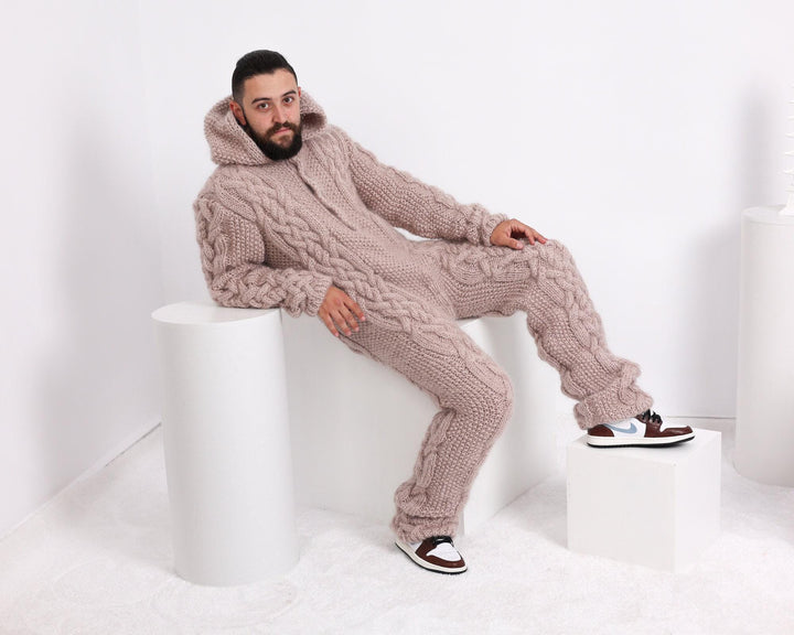 Fluffy Beige Mohair Catsuit – Fuzzy Chunky Cable Knit Hand-Knitted Overall T1659
