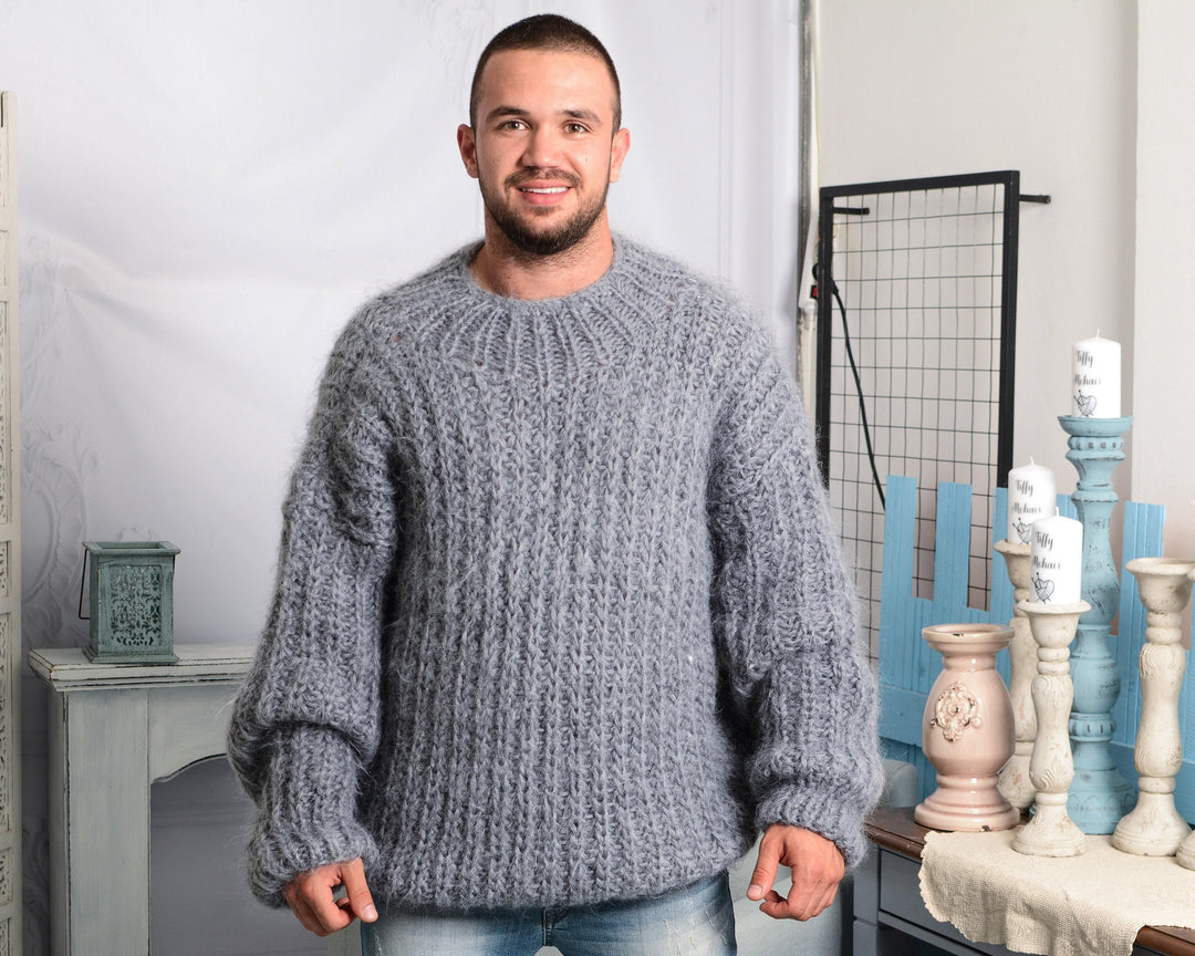 Hand-Knitted Gray Mohair Sweater – Fluffy Ribbed Fisherman Pullover T794M