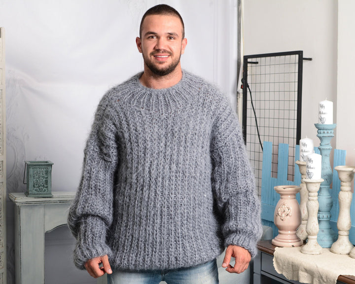 Hand-Knitted Gray Mohair Sweater – Fluffy Ribbed Fisherman Pullover T794M