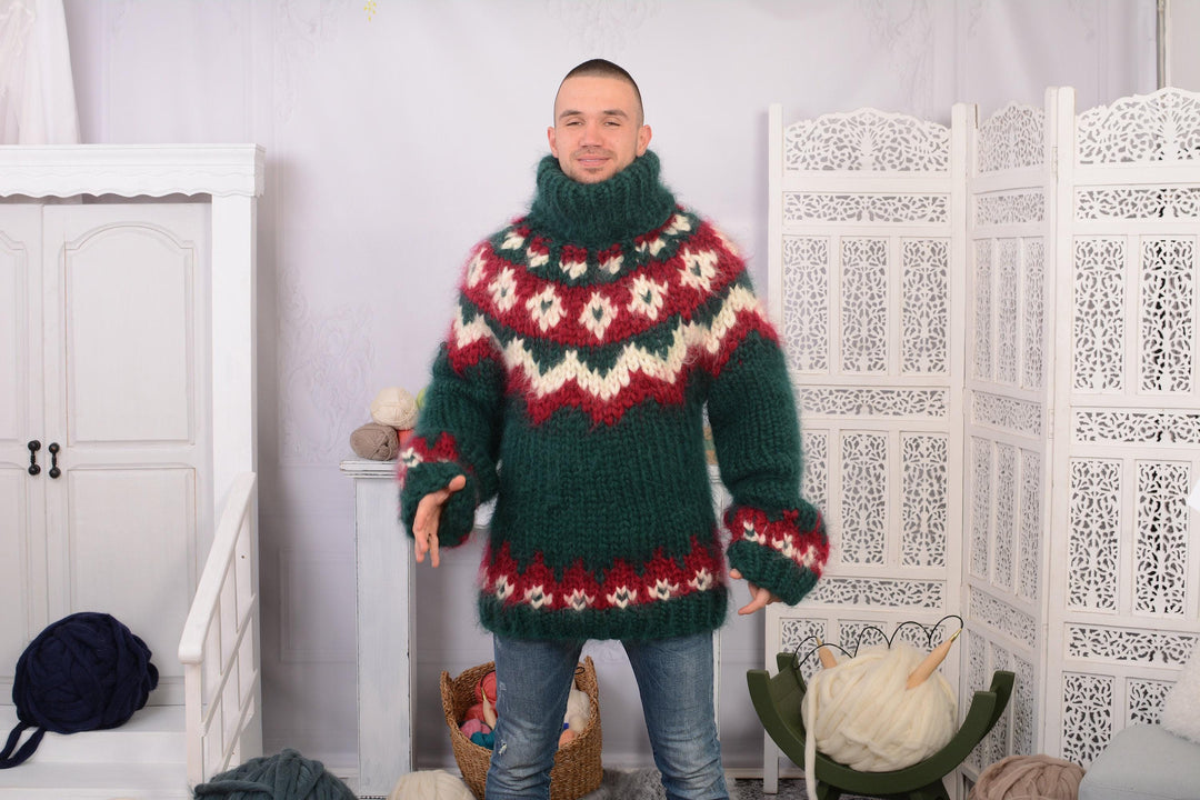 10-Strand Nordic Mohair Sweater – Hand-Knitted Chunky Icelandic Pullover T732M