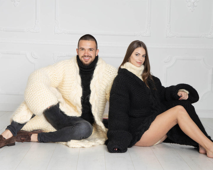 Long Cream Mohair Cardigan – Oversized Hand-Knitted Chunky Knit Jacket T639M