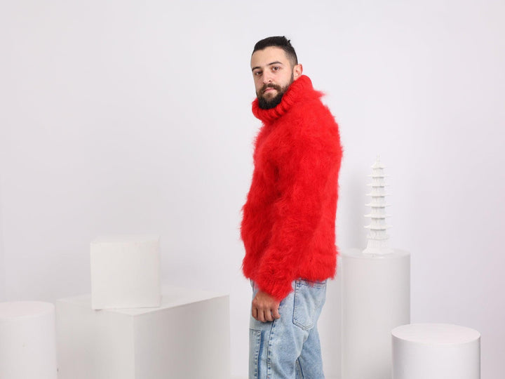 Chunky Green Mohair Sweater – Hand-Knitted Fluffy Turtleneck Jumper T1663
