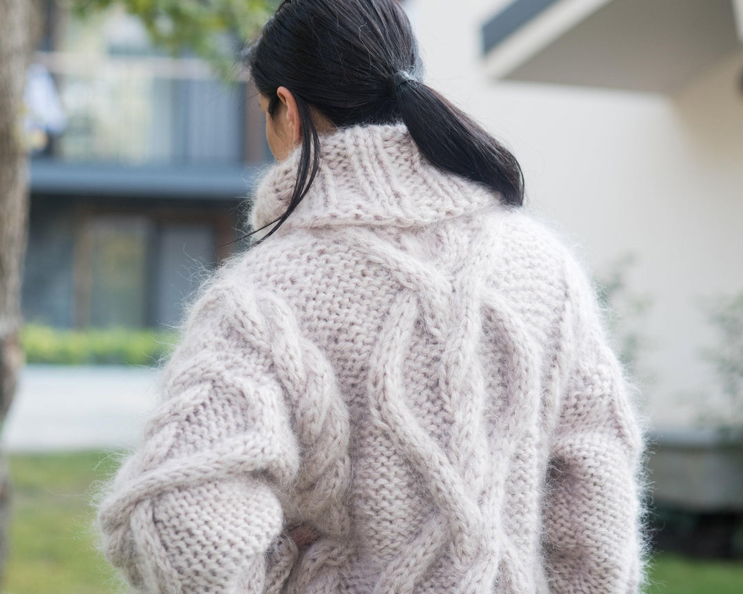 Beige Hand-Knitted Mohair Sweater – Oversized Cable Knit Turtleneck Jumper T844M