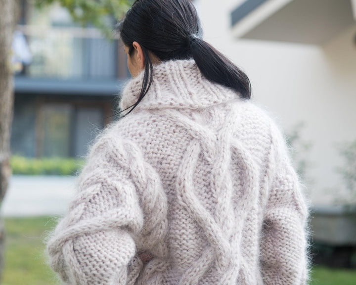Beige Hand-Knitted Mohair Sweater – Oversized Cable Knit Turtleneck Jumper T844M