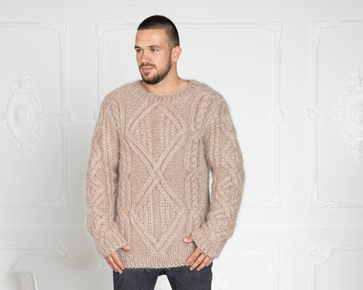 Men’s Cable Knit Mohair Sweater – Hand-Knitted Chunky Oversized Crewneck Jumper T644M
