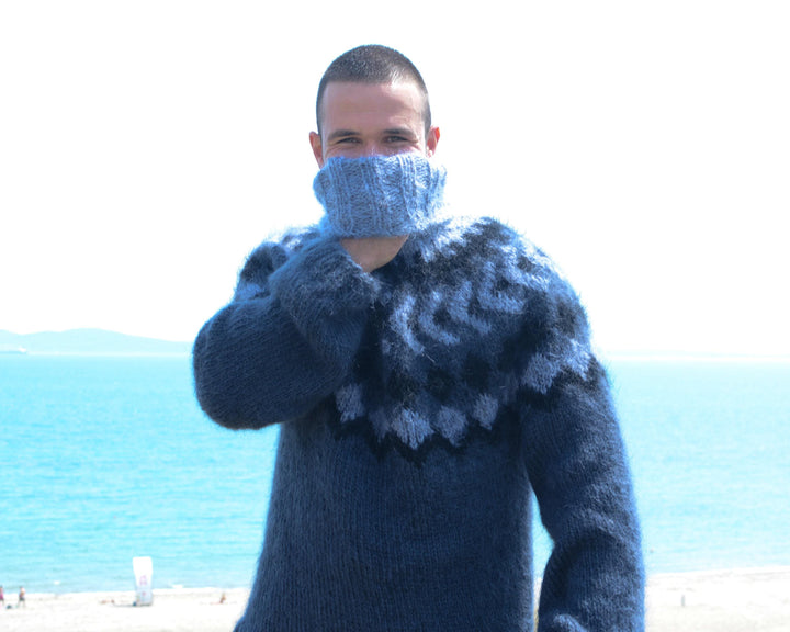 Nordic Knit Mohair Sweater – Hand-Knitted Icelandic Fair Isle Turtleneck Jumper T800M