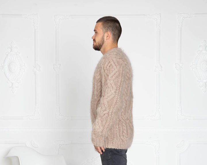 Men’s Cable Knit Mohair Sweater – Hand-Knitted Chunky Oversized Crewneck Jumper T644M