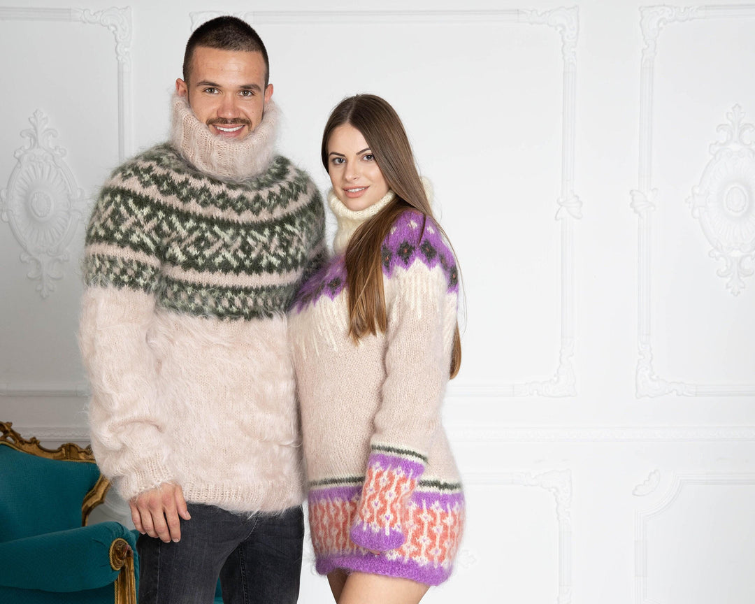 Hand-Knitted Beige Mohair Sweater – Fluffy Icelandic Norwegian Style Men’s Jumper T647M