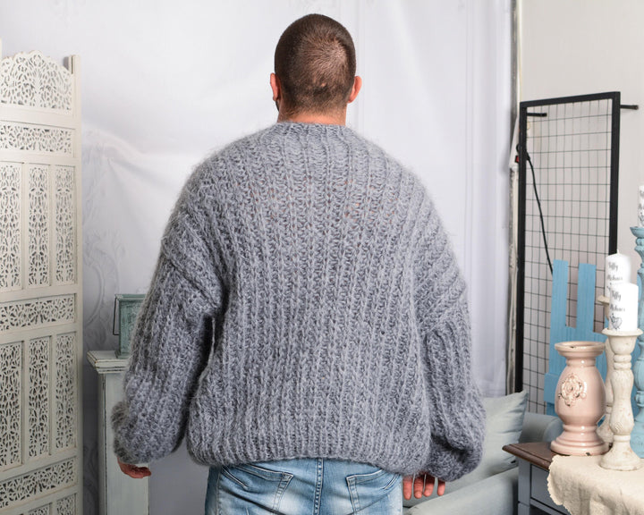 Hand-Knitted Gray Mohair Sweater – Fluffy Ribbed Fisherman Pullover T794M