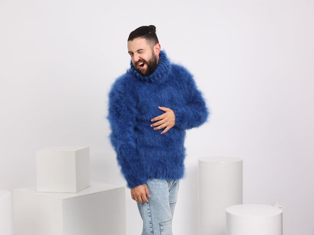 Blue Mohair Sweater – Chunky Hand-Knitted Turtleneck Jumper T1662