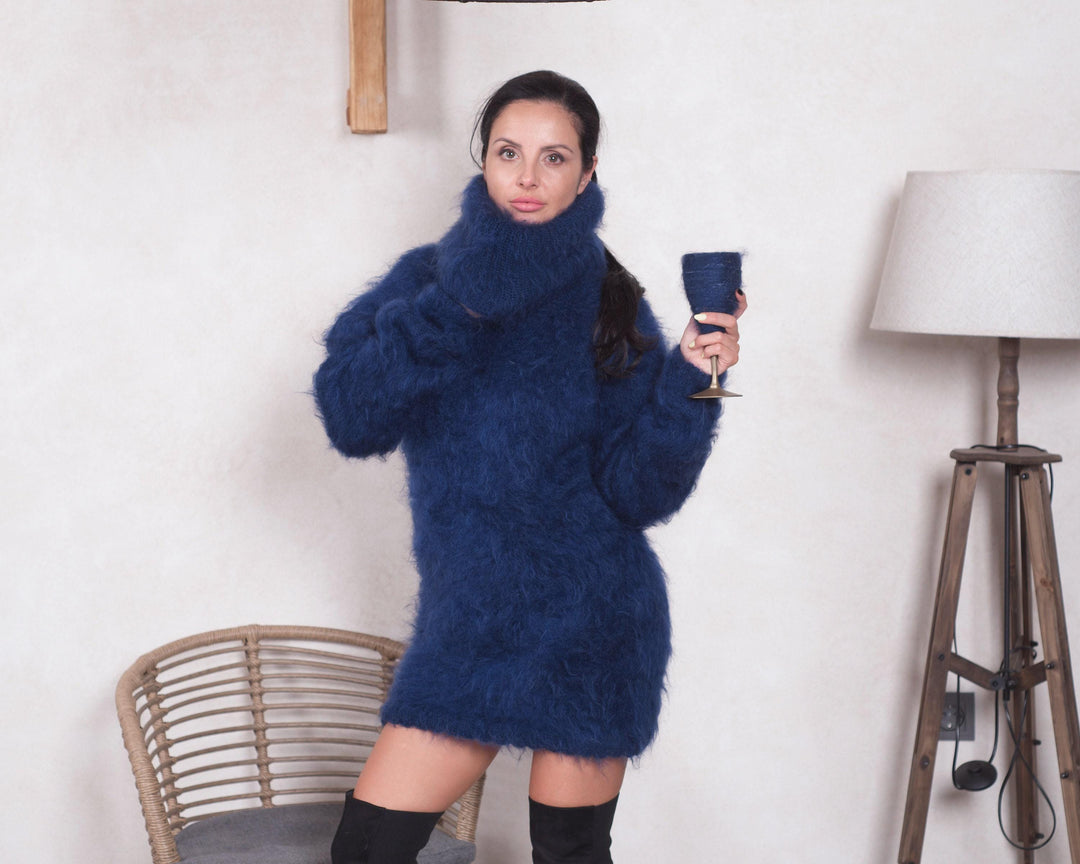 Turtleneck Mohair sweater with extra long T neck of 55 cm , Fluffy jumper T828M