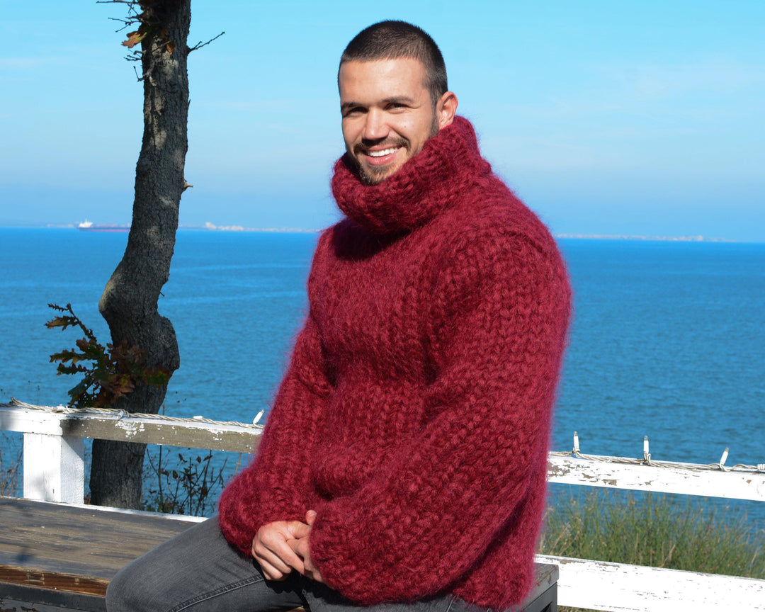 12-Strand Turtleneck Mohair Sweater – Chunky Hand-Knitted Red Fluffy Unisex Pullover T672M