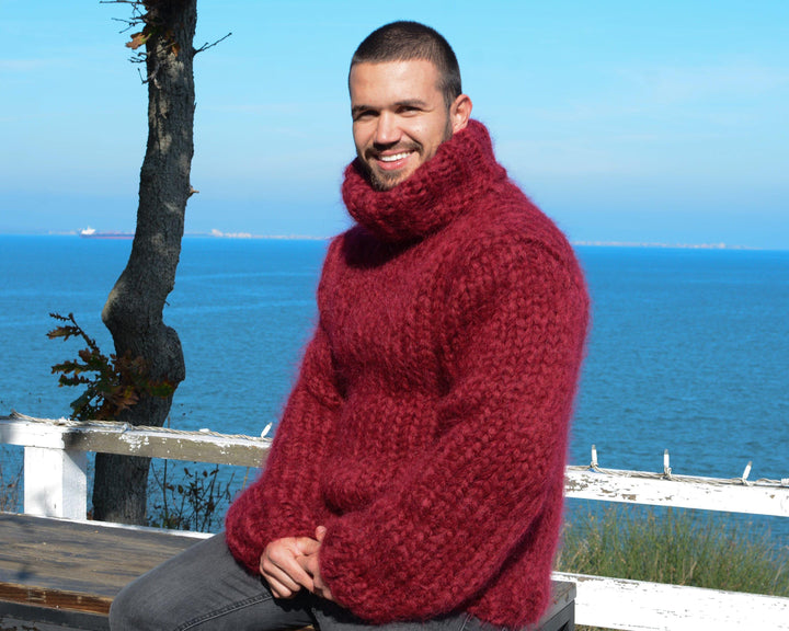 12-Strand Turtleneck Mohair Sweater – Chunky Hand-Knitted Red Fluffy Unisex Pullover T672M