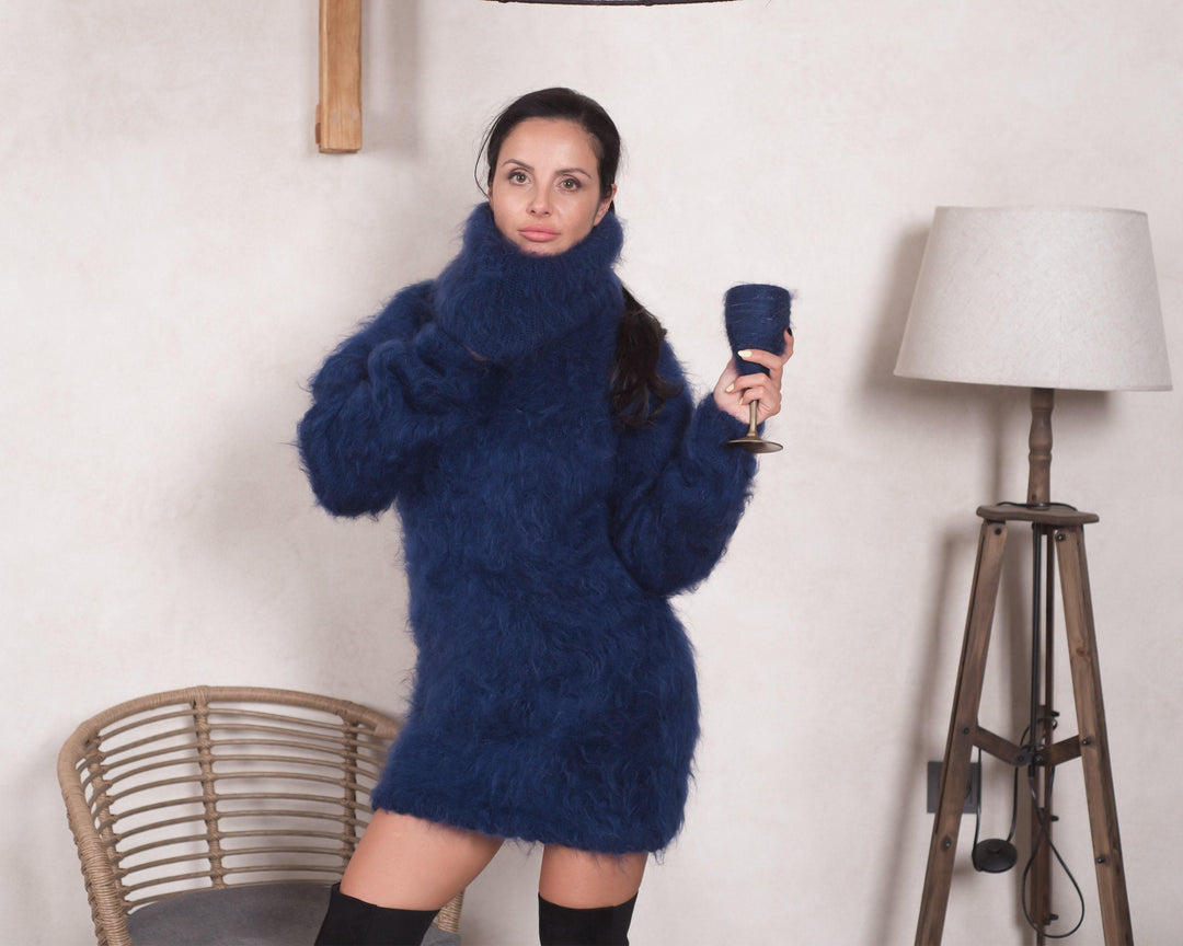 Turtleneck Mohair sweater with extra long T neck of 55 cm , Fluffy jumper T828M