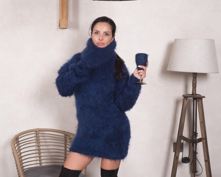 Turtleneck Mohair sweater with extra long T neck of 55 cm , Fluffy jumper T828M