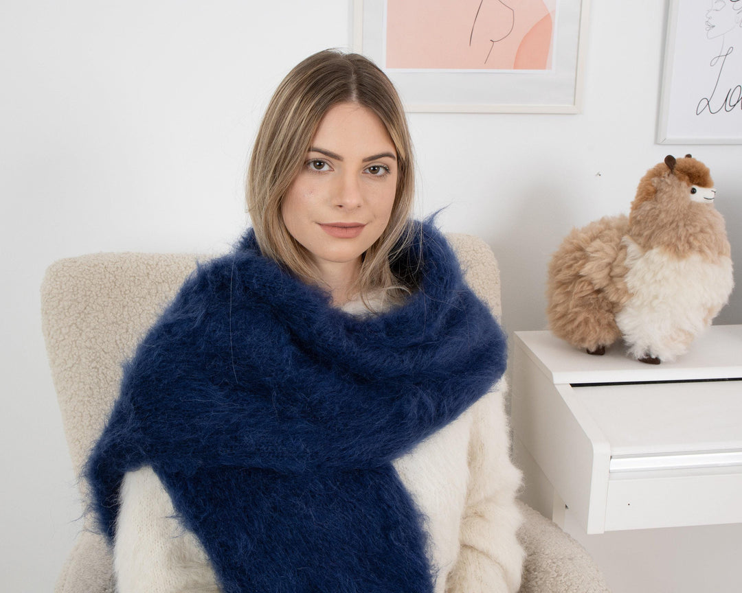 Hand-Knitted Navy Blue Mohair Scarf – Soft Fluffy Long Shawl T1343