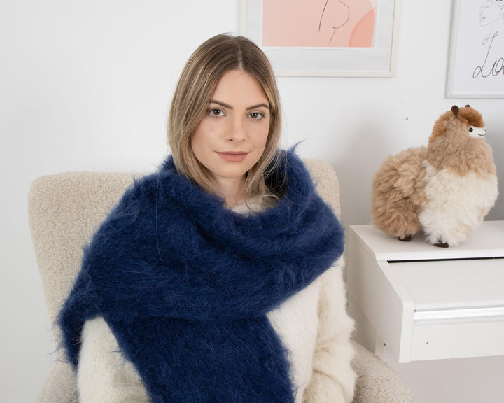 Hand-Knitted Navy Blue Mohair Scarf – Soft Fluffy Long Shawl T1343