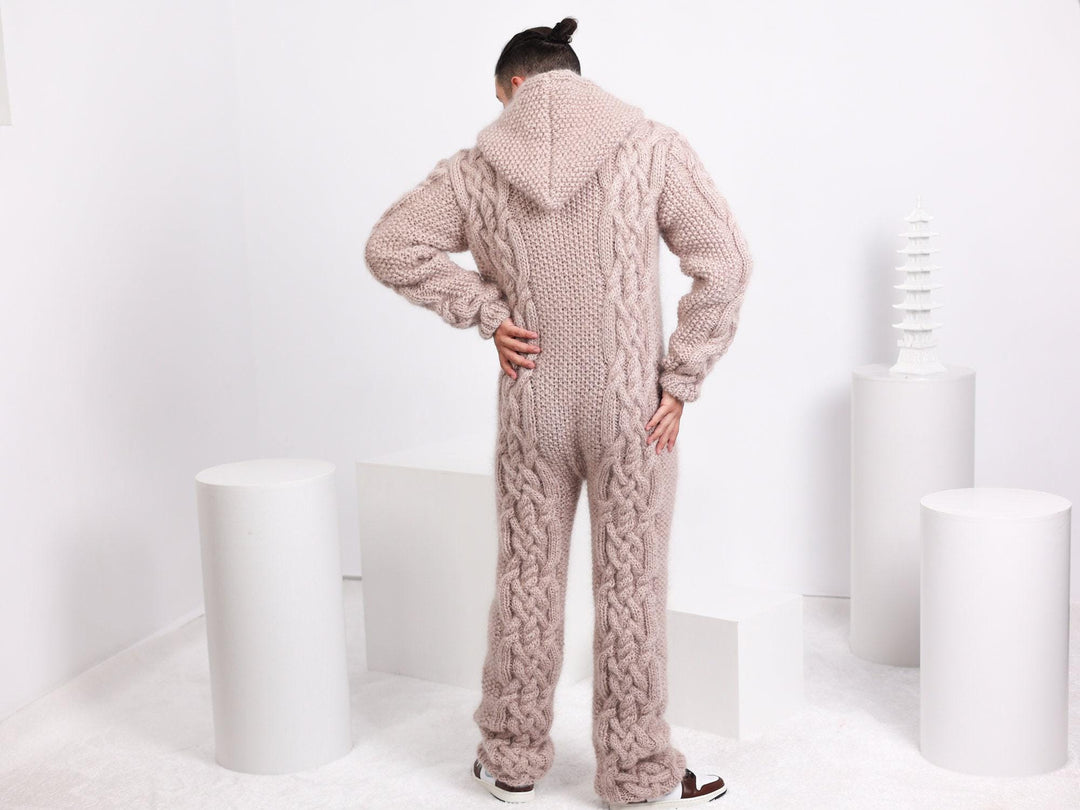 Fluffy Beige Mohair Catsuit – Fuzzy Chunky Cable Knit Hand-Knitted Overall T1659