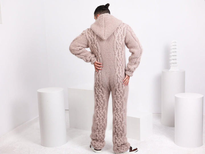 Fluffy Beige Mohair Catsuit – Fuzzy Chunky Cable Knit Hand-Knitted Overall T1659