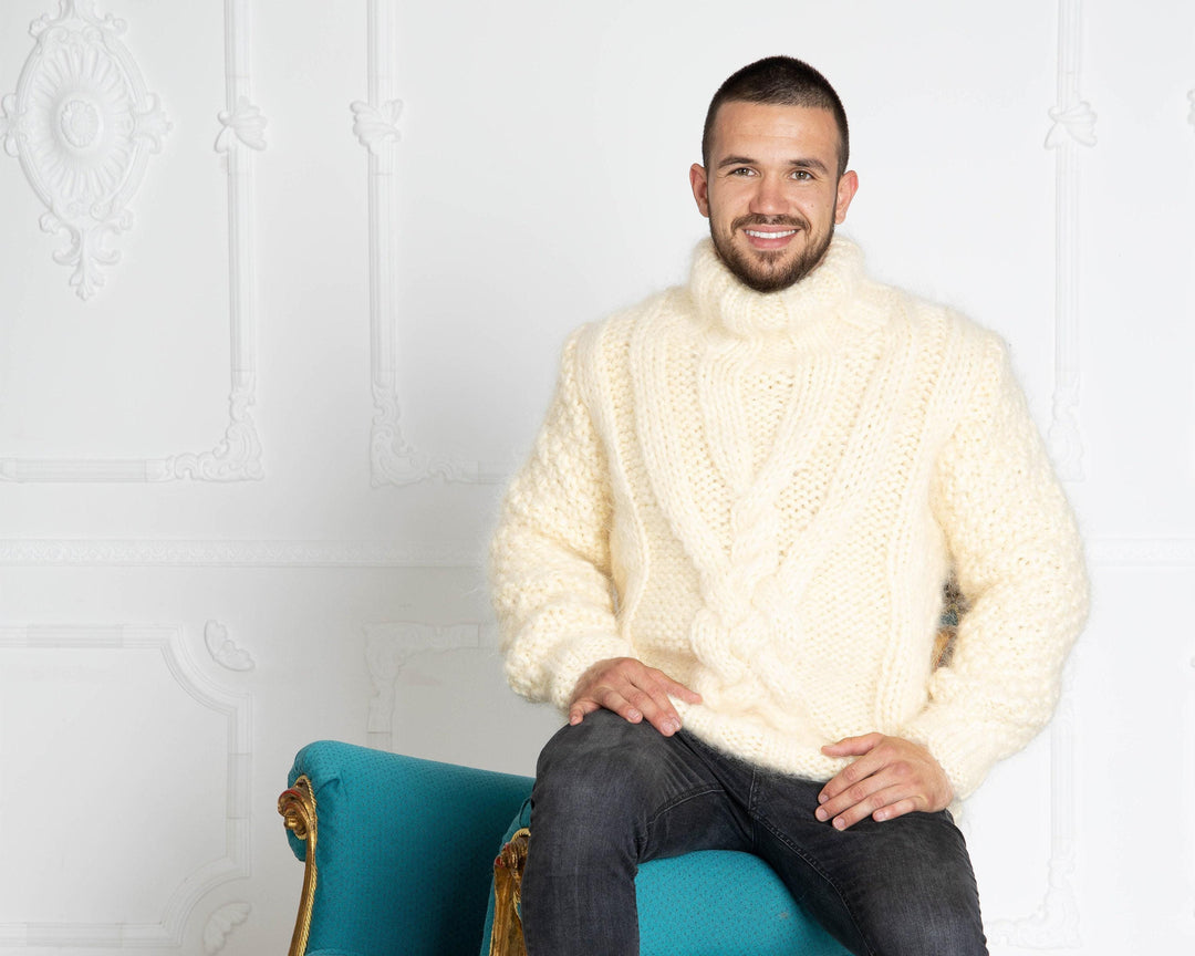Chunky 6-Strand Mohair Sweater for Men – Hand-Knitted Oversized Cable Pullover T643M