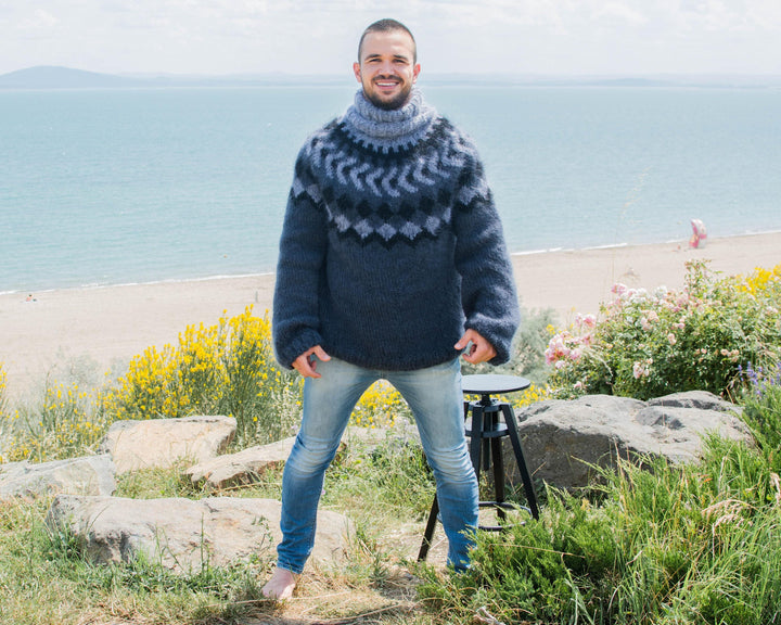 Nordic Knit Mohair Sweater – Hand-Knitted Icelandic Fair Isle Turtleneck Jumper T800M